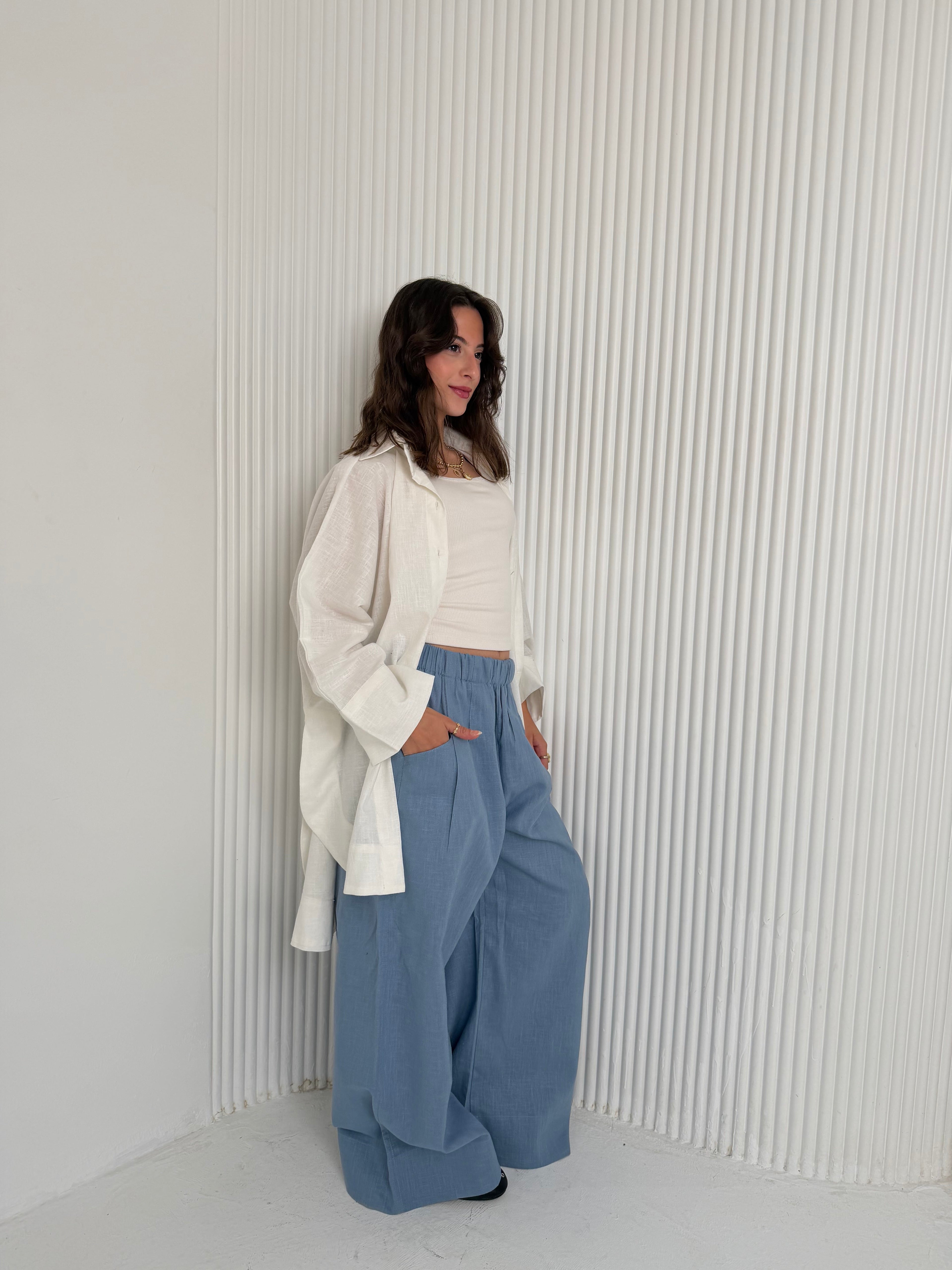 Wide Leg Linen - Dusty Blue