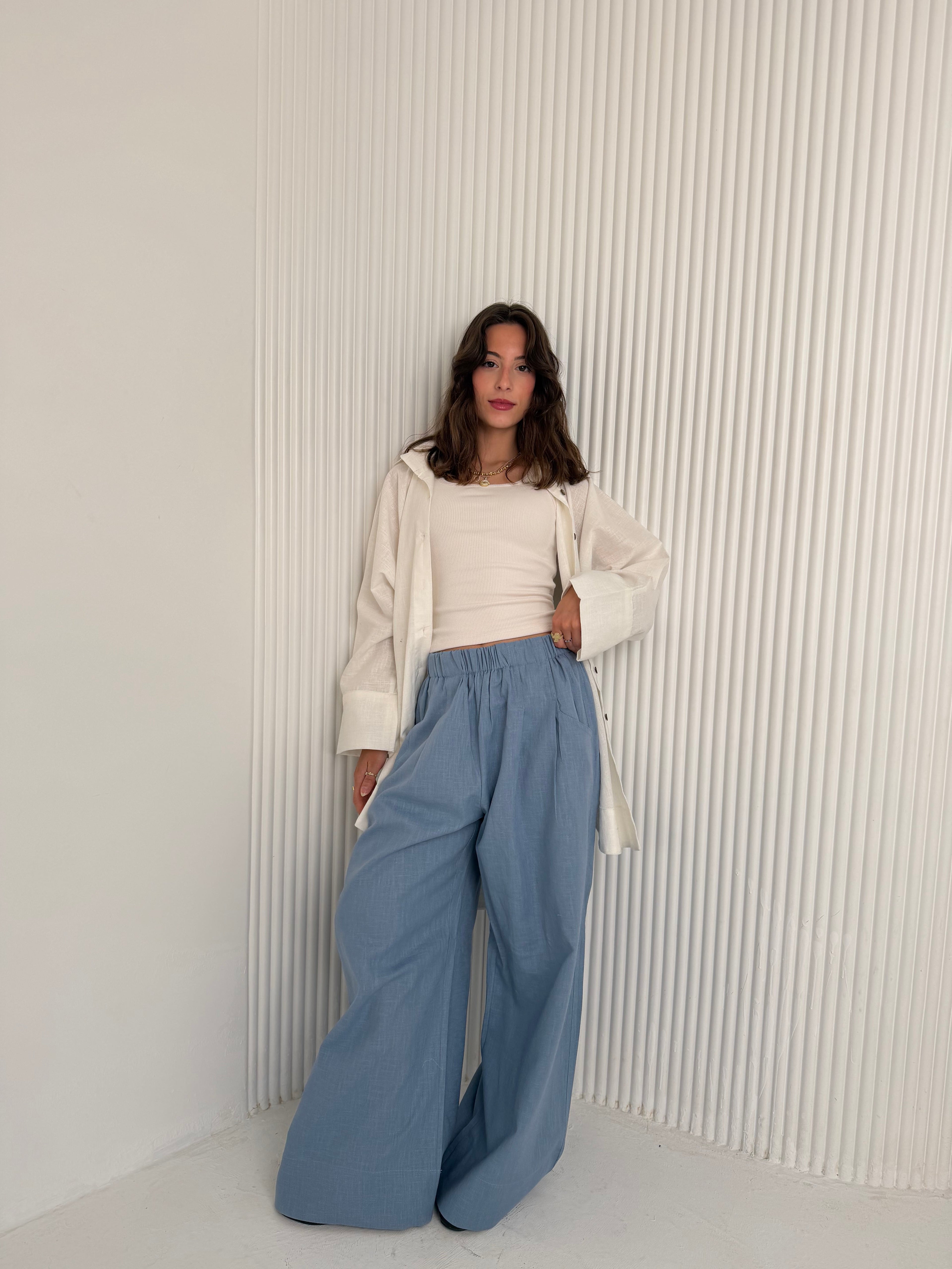 Wide Leg Linen - Dusty Blue